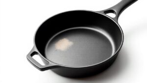 A premium cast iron skillet displayed on a pure white background in an ultra-clean, high-end product photography style. Use a matte black or deep charcoal finish to highlight the natural texture of seasoned cast iron. Position the skillet at a slight angle so both the cooking surface and exterior body are visible.Show subtle visual contrasts that represent benefits and drawbacks without any text:A close-up section of the surface showing its beautifully seasoned, naturally nonstick patina (benefit).A small, subtle patch of light rough texture near the rim or handle area to imply the weight and maintenance needs (drawback) in a tasteful way.Soft shadows and highlights that emphasize durability, heat retention, and rustic strength.Elegant ergonomic handle shape with visible cast metal texture and smooth curves.Ensure the overall scene looks professional, minimalistic, and luxurious. No people. No logos. No writing. Just a premium visual representation of cast iron’s strengths and limitations.Resolution: 1200×680+
Style: Ultra-realistic • High-detail • Modern luxury cookware photography • Pure white background
Mood: Strong, durable, rustic elegance